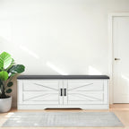 2 Tier Shoe Bench with Padded Seat, 2 Barn Doors and Adjustable Shelves, for Entryway and Living Room, White MDF - Grand Goldman Shop