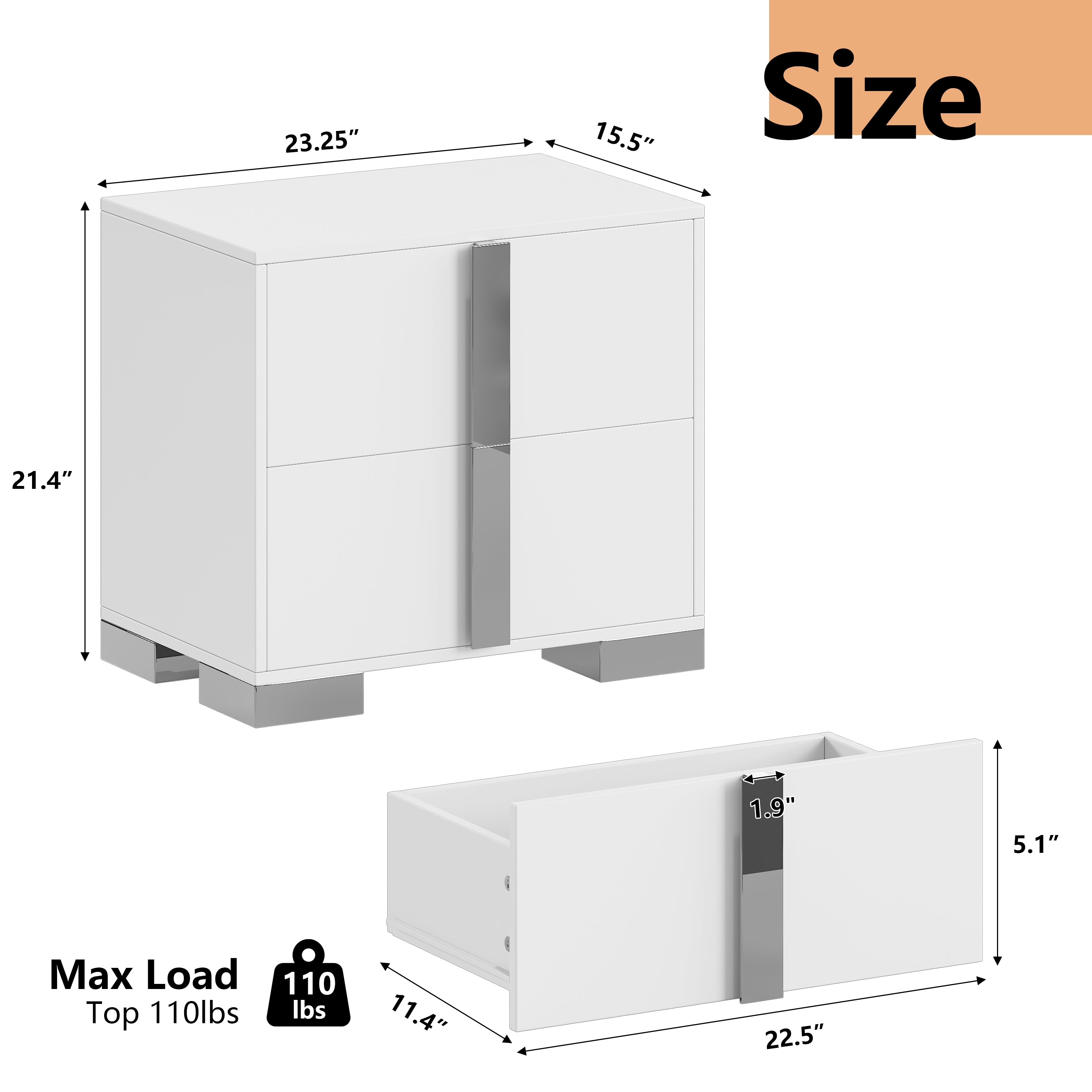 Modern End Table with Drawers, Elegant Nightstand with Metal Foot,Wood Bedside Table with Mirrored Metal Handles,Sofa Side End Table for Bedroom Living Room Office,White - Grand Goldman Shop