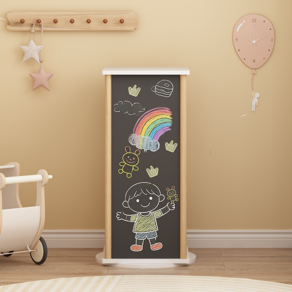 Stylish 360° Rotating Kids Bookshelf with Chalkboard, 3-Tier Wood Floor Revolving Bookcase & Toy Storage Organizer, Picture B