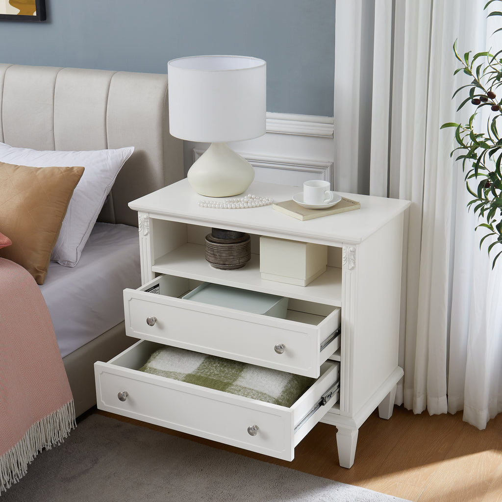 Open Space and 2 Drawers Dresser Nightstand with Charging Station, Farmhouse End Table with USB Ports and Outlets, Fluted Pilasters Design Side Table with Solid Wood Legs for Bedroom - Grand Goldman Shop