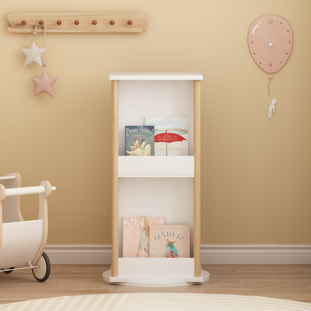 360° Rotating Kids Bookshelf with Chalkboard, 3-Tier Wood Floor Revolving Bookcase & Toy Storage Organizer, Picture Book Disp