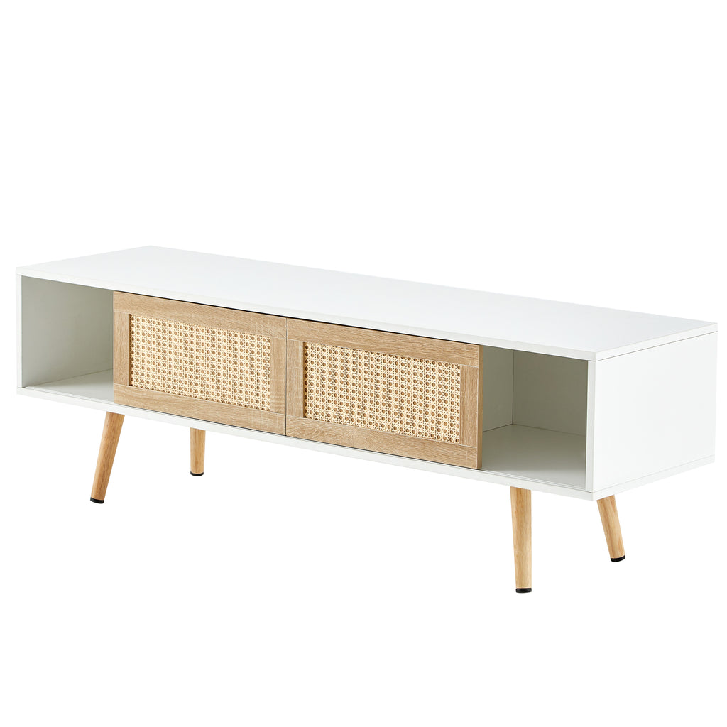 Modern Rattan TV Cabinet with Double Sliding Doors, Adjustable Shelf, Solid Wood Legs, White, 55.12 inches - Grand Goldman Shop