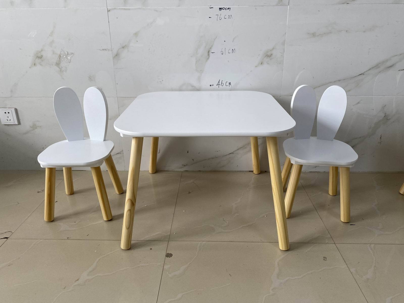 Rabbit Themed Kids Table and 2 Chairs Set, White Solid Wood & MDF Play Table with Rounded Edges, 3-Piece Toddler Furniture fo