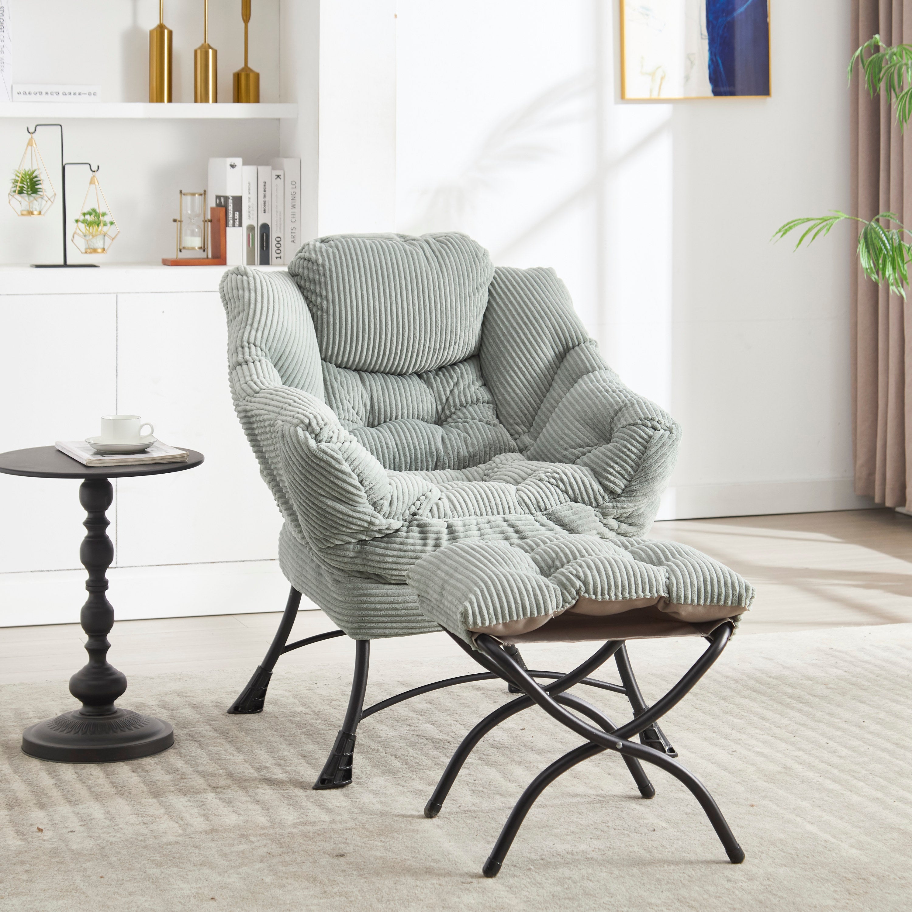 Lazy Chair with Ottoman, Modern Lounge Accent Chair with Armrests and a Side Pocket, Leisure Upholstered Sofa Chair Reading Chair with Footrest for Small Space, Corner Chair-Light green - Grand Goldman Shop