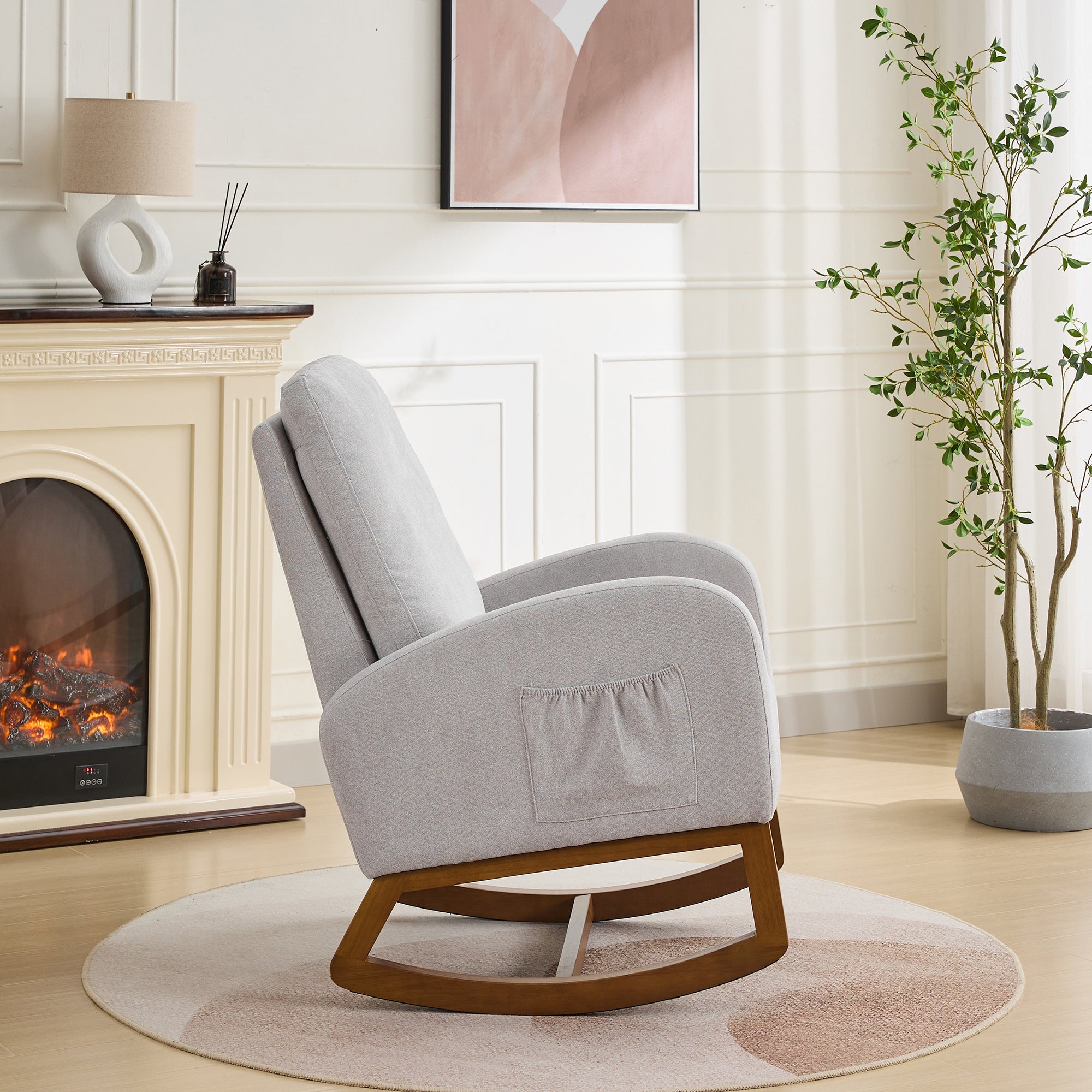 27.2'W Rocking Chair for Nursery, Polyester Glider Chair with High Back and Side Pocket, Rocking Accent Armchair with Rubber Wood Legs for Living Room/Bedroom.Light Gray - Grand Goldman Shop