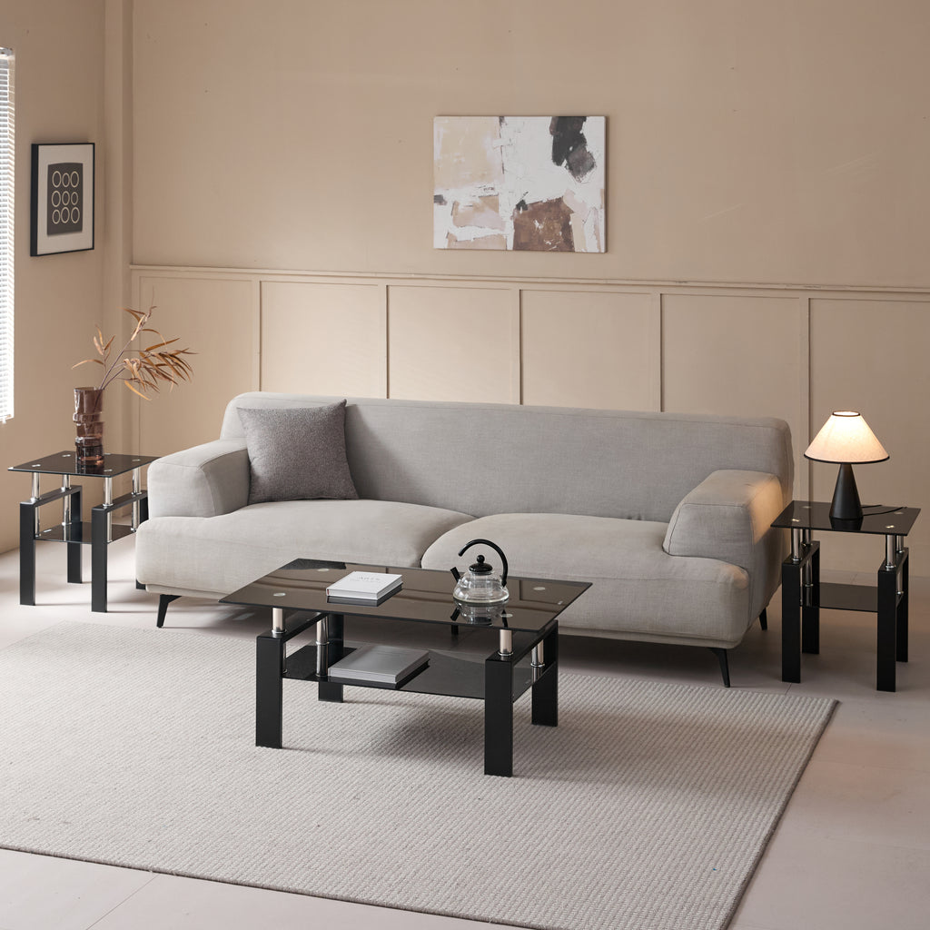 Modern Tempered Black Glass Coffee Table with 2-Layers and Waterfall Edges for Living Room - Grand Goldman Shop