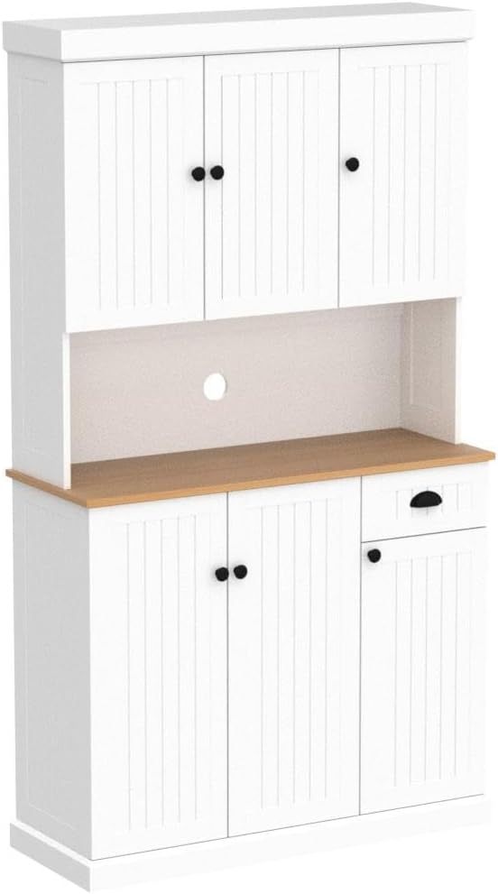 71' Kitchen Pantry Storage Cabinet with Microwave Oven Countertop, Freestanding Hutch Cabinet with Adjustable Shelves, 6 Doors and 1 Drawer-White - Grand Goldman Shop