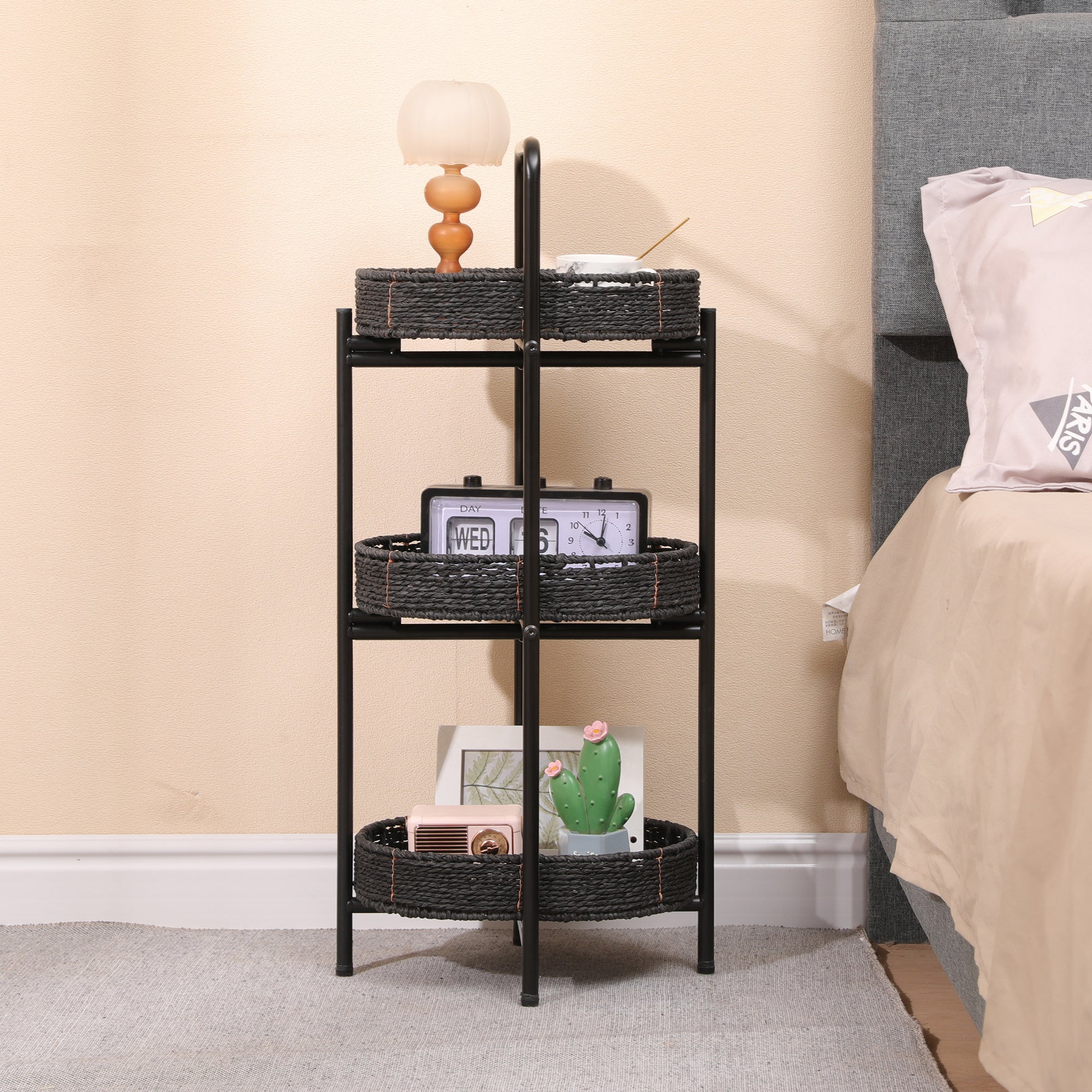 Modern 3-Tier Handwoven Side Table with Oval Organizer in Black Metal and Paper Rope - Grand Goldman Shop