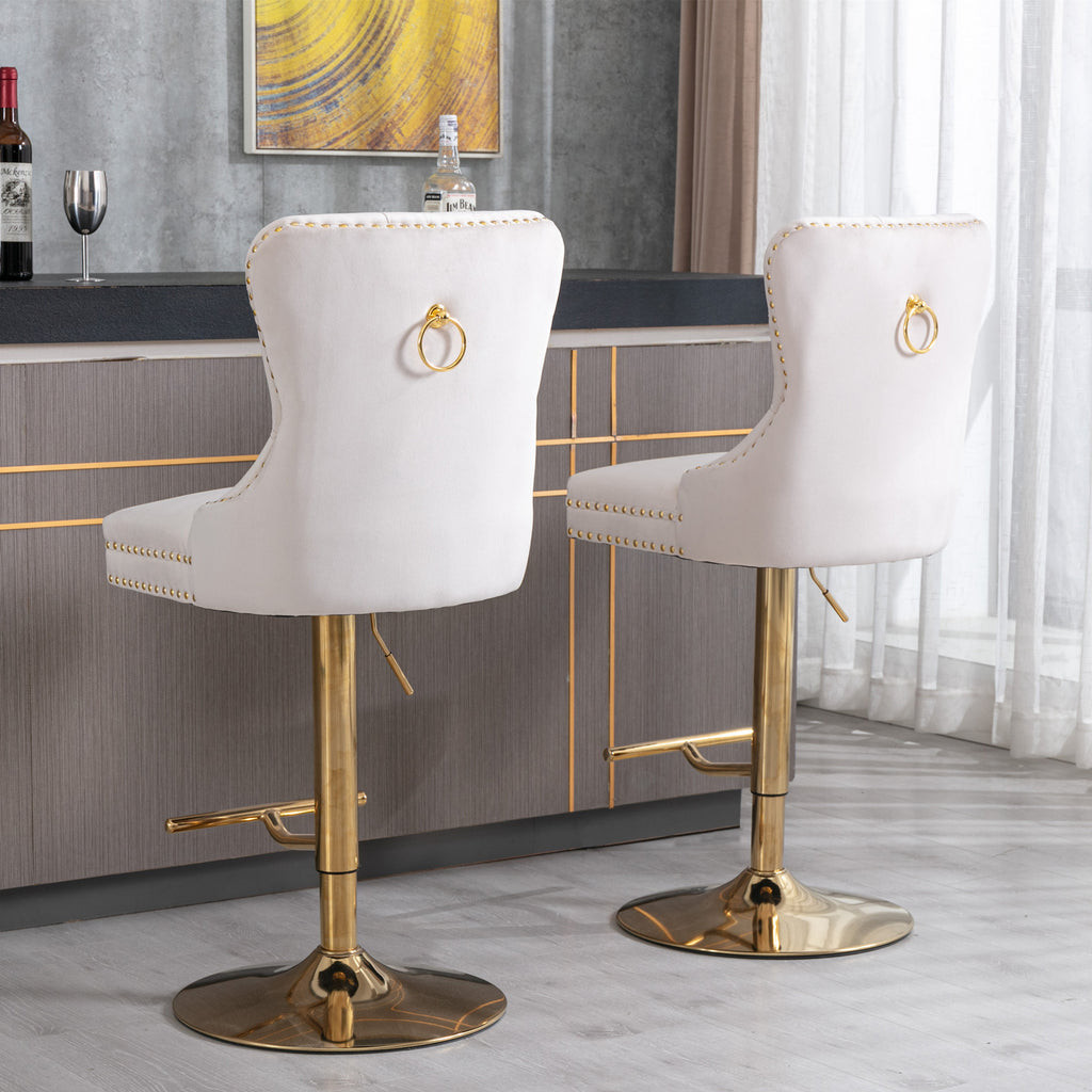 A&A Furniture,Thick Golden Swivel Velvet Barstools Adjusatble Seat Height from 27-35 Inch, Modern Upholstered Bar Stools with Backs Comfortable Tufted for Home Pub and Kitchen Island (Beige,Set of 2) - Grand Goldman Shop