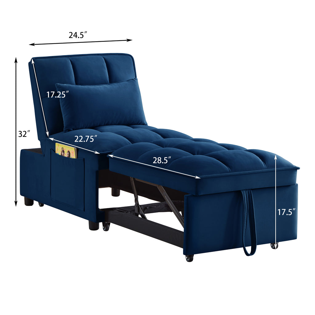 4 in1 Multi-Function Single Sofa Bed with Storage Pockets,Tufted Single Pull-out Sofa Bed with Adjustable Backrest and Pillows ,Convertible  Chaise Lounge, Navy - Grand Goldman Shop