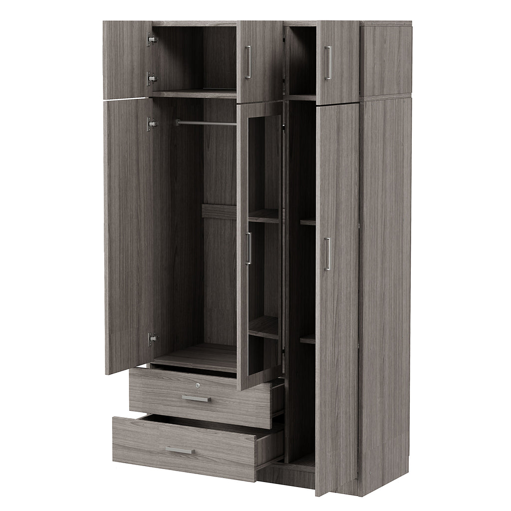 Modern Gray 3-Door Mirror Wardrobe with 2 Drawers and Top Cabinet, Particle Board - Grand Goldman Shop