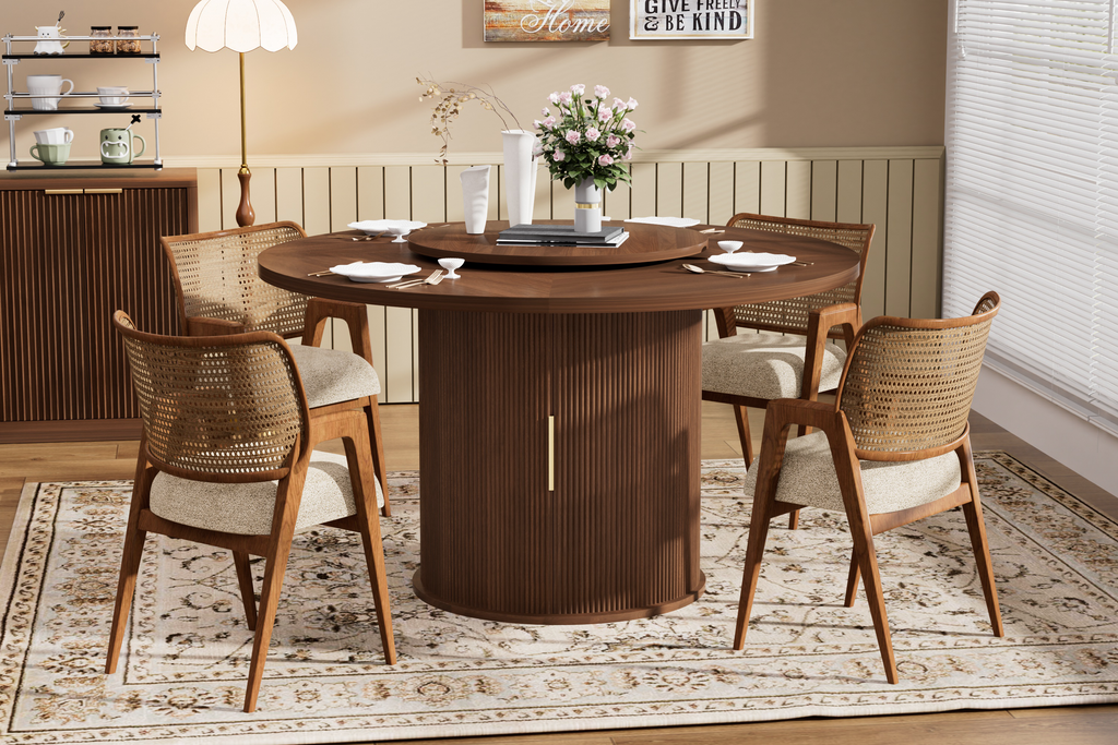 55-inch round dining table for six, featuring a double-tiered storage rack and a rotating tabletop tray. Wooden wavy-striped sliding doors. Ideal for home dining room living room (Walnut). - Grand Goldman Shop