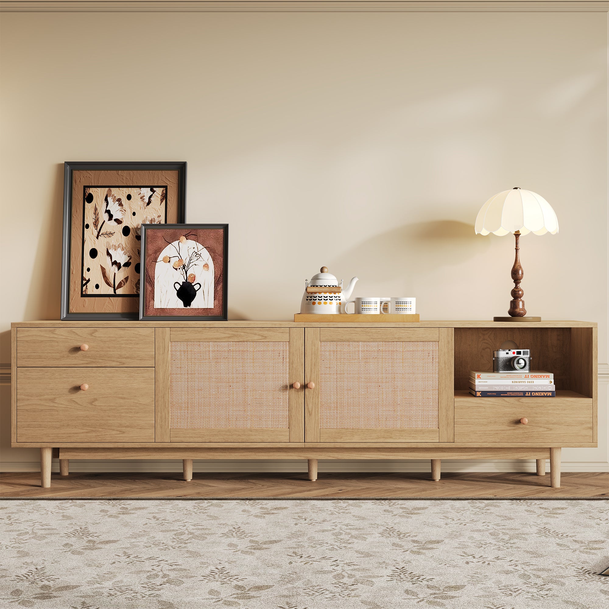 Boho TV Stand for 65 75 85 Inch TV with Real Rattan Doors, Modern Wood Media Console in Natural Finish, 76.6'' L x 15.7'' W x 23.6'' H - Grand Goldman Shop