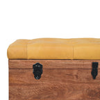 Solid Wood Buffalo Hide Honey Caramel Storage Trunk, Leather Upholstered, Yellow and Brown - Grand Goldman Shop