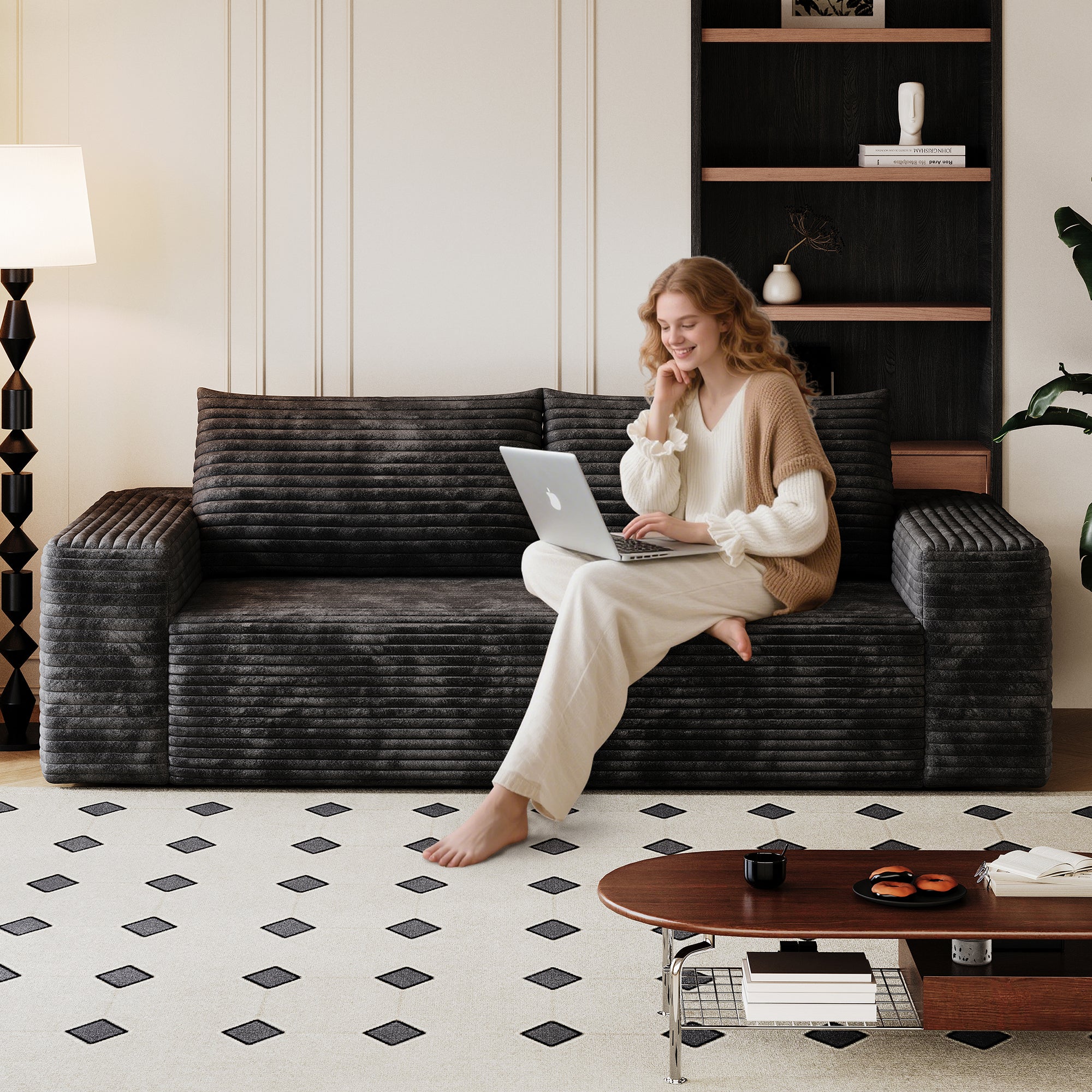 71' 3Setaser Sofa,Corduroy Fabric,Deep Seat Couches,Comfy Loveseat Sofa,No Assembly,1pcs for Living room, Bedroom,Conference room ,Apartment,Black - Grand Goldman Shop