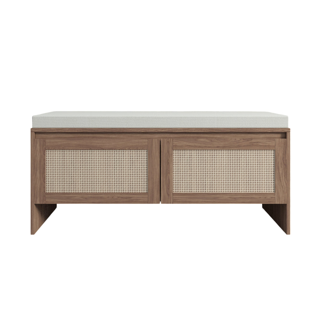 Mid-Century Modern PP Rattan Storage Bench with Cushion, Faux Rattan Shoe Cabinet with 2 Doors, Natural Finish, Wood and Rattan Construction, 39.4 x 15.75 x 17.72 inches - Grand Goldman Shop