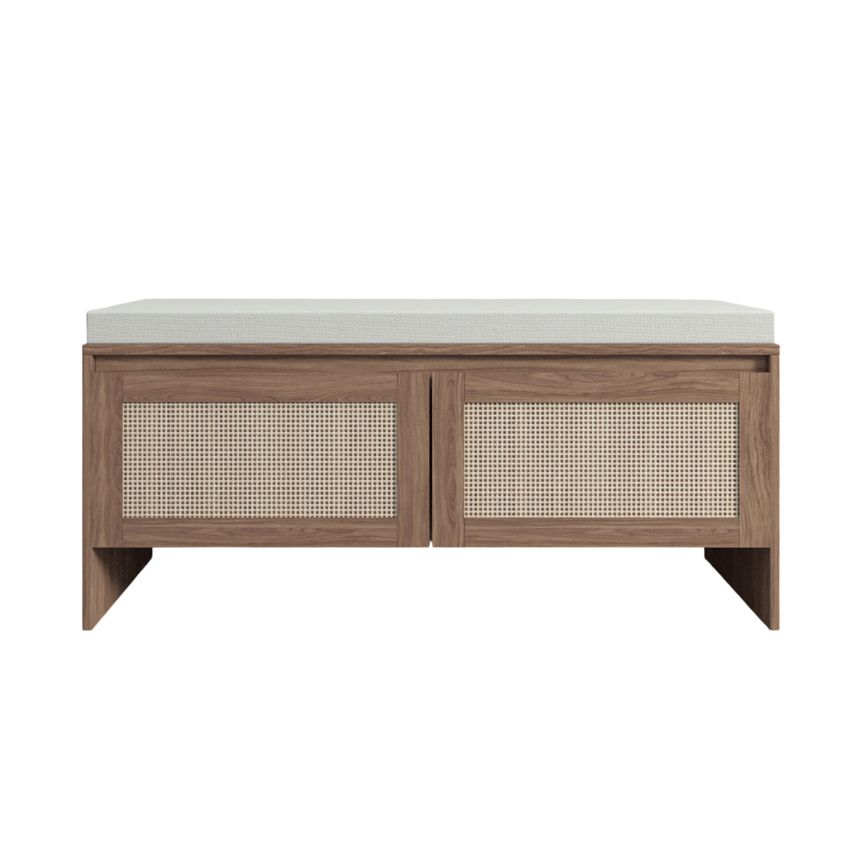 Mid-Century Modern PP Rattan Storage Bench with Cushion, Faux Rattan Shoe Cabinet with 2 Doors, Natural Finish, Wood and Rattan Construction, 39.4 x 15.75 x 17.72 inches - Grand Goldman Shop