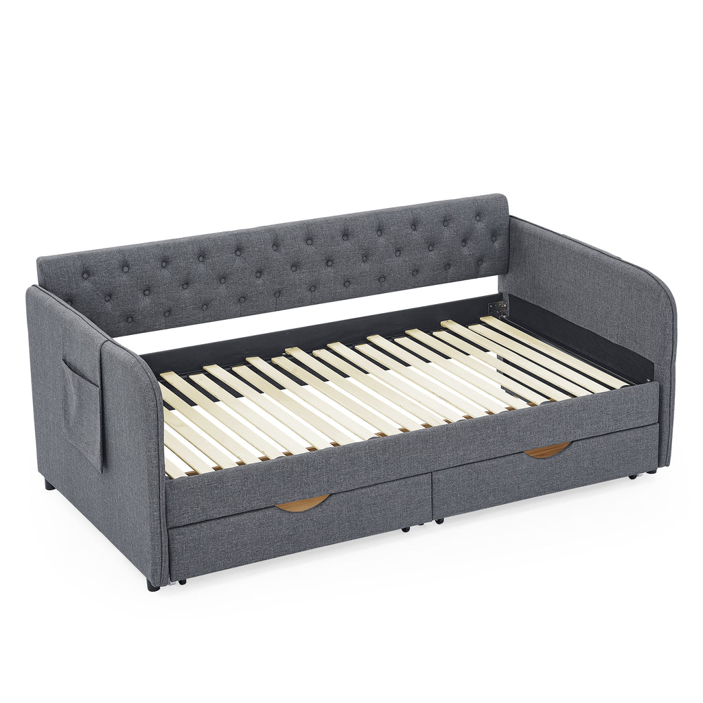 Twin Size Upholstered Daybed with Trundle and Drawers, Dark Gray Linen, Flat Arms, Extendable for Bedroom or Living Room - Grand Goldman Shop