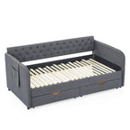 Twin Size Upholstered Daybed with Trundle and Drawers, Dark Gray Linen, Flat Arms, Extendable for Bedroom or Living Room - Grand Goldman Shop