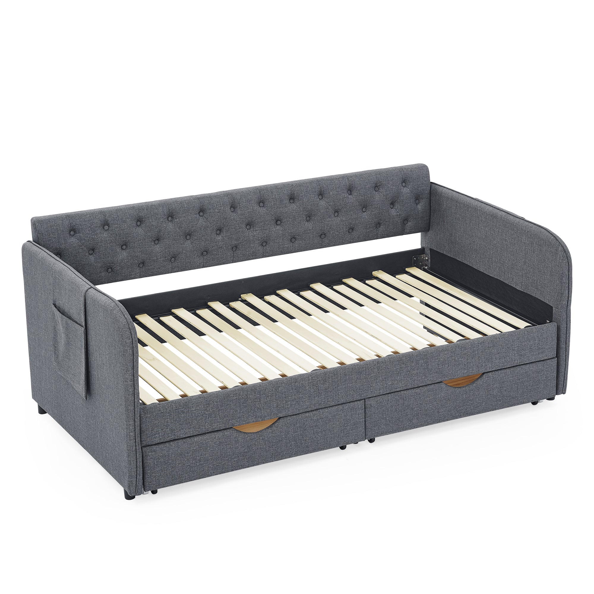 Twin Size Upholstered Daybed with Trundle and Drawers, Dark Gray Linen, Flat Arms, Extendable for Bedroom or Living Room - Grand Goldman Shop