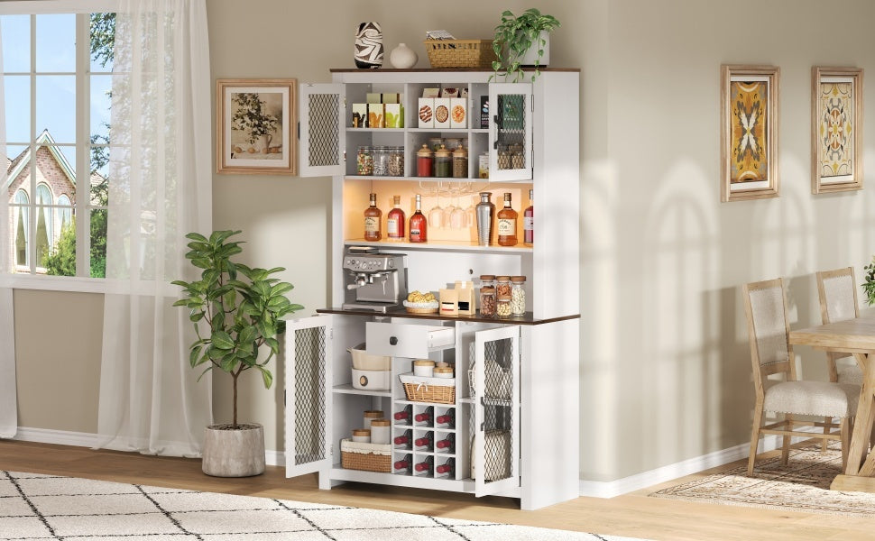 70.9' Kitchen Pantry Storage Cabinet Rustic Buffet Cabinet, Kitchen Hutch Cabinet with LED Outlets Food Pantry Cabinet with Doors and Shelves Wine Rack for Dining Room, White - Grand Goldman Shop