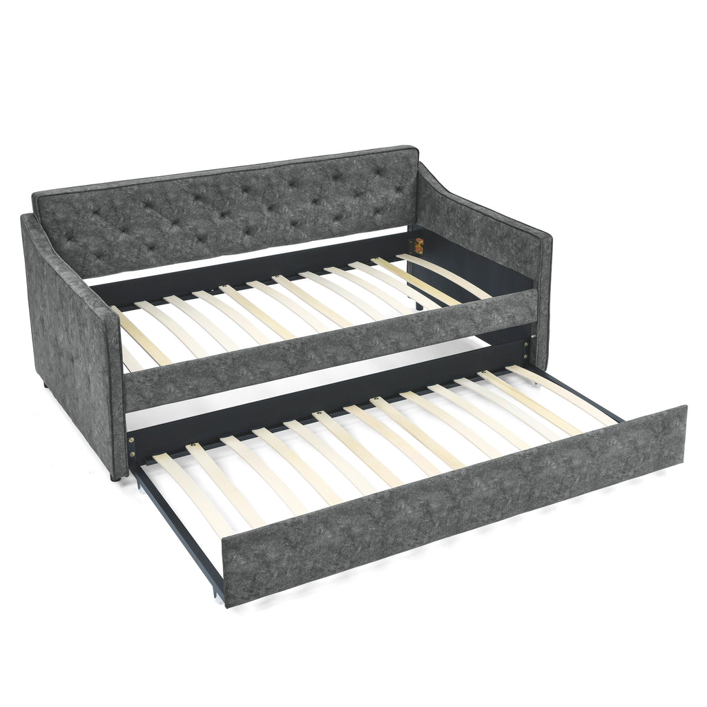 Mid-Century Grey Upholstered Twin Daybed with Trundle, Waved Arms, Eucalyptus Wood Frame, 80.5''x44.5''x33.5'' - Grand Goldman Shop