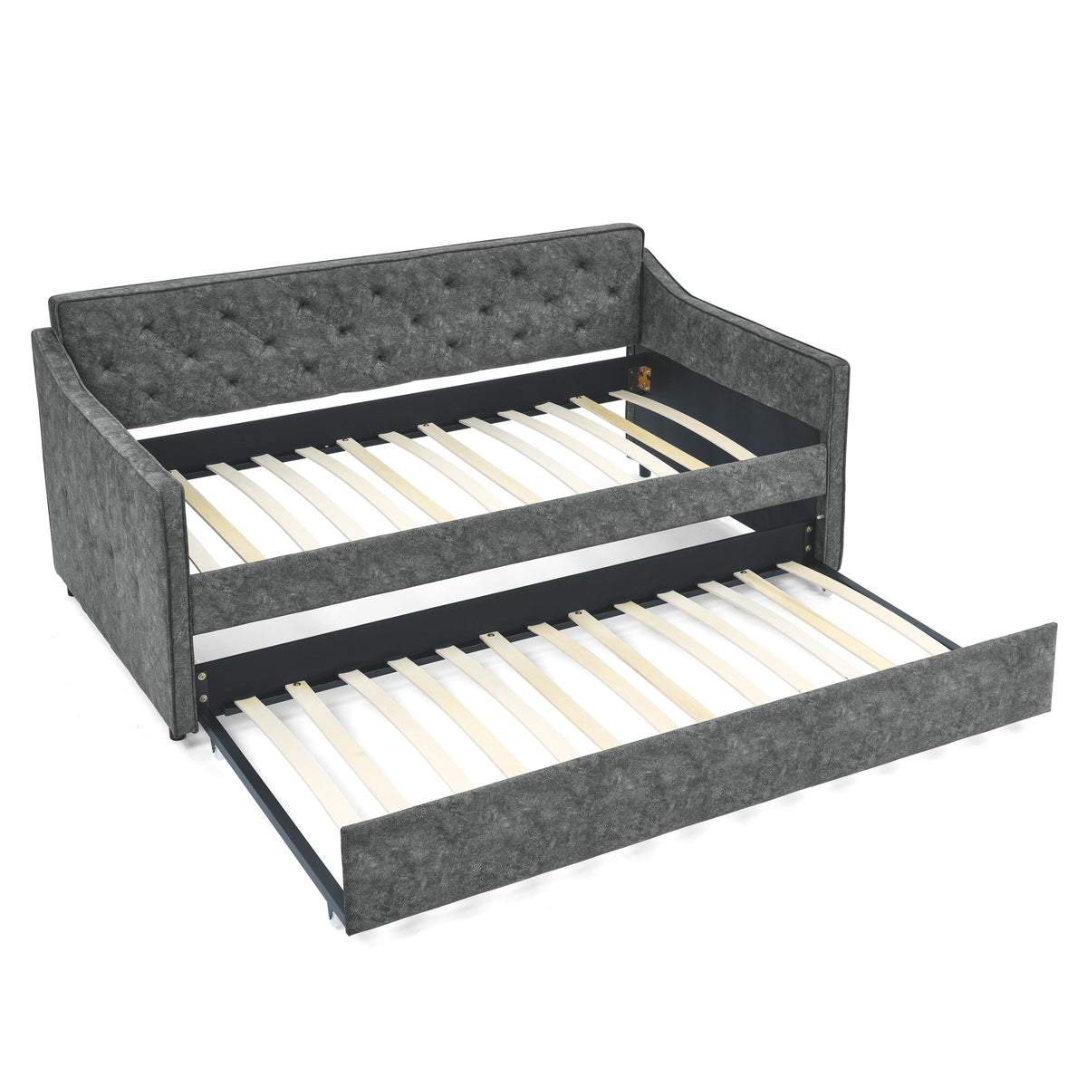 Mid-Century Grey Upholstered Twin Daybed with Trundle, Waved Arms, Eucalyptus Wood Frame, 80.5''x44.5''x33.5'' - Grand Goldman Shop