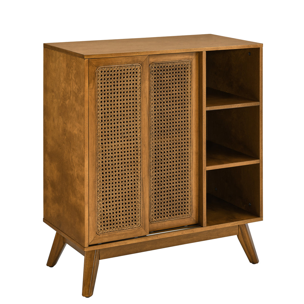 Mid Century Modern Rattan Sideboard Cabinet, Buffet Cabinet for Entryway Hallway Living Room Kitchen Dining Room, Adjustable Shelf & Solid Wood Feet & Rattan Cabinet Doors - Light Wood - Grand Goldman Shop