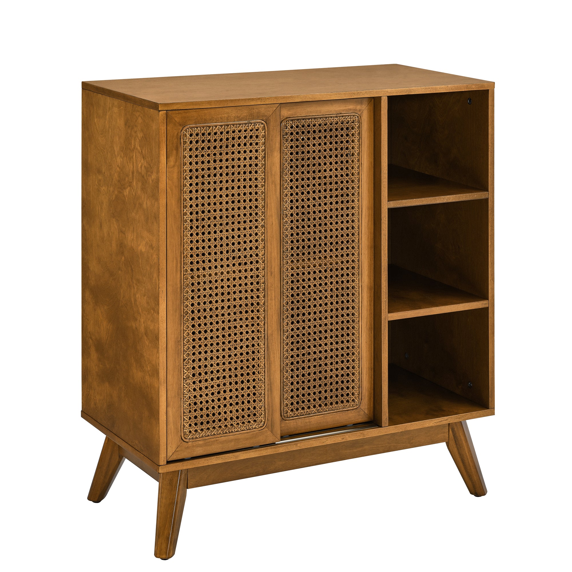 Mid Century Modern Rattan Sideboard Cabinet, Buffet Cabinet for Entryway Hallway Living Room Kitchen Dining Room, Adjustable Shelf & Solid Wood Feet & Rattan Cabinet Doors - Light Wood - Grand Goldman Shop