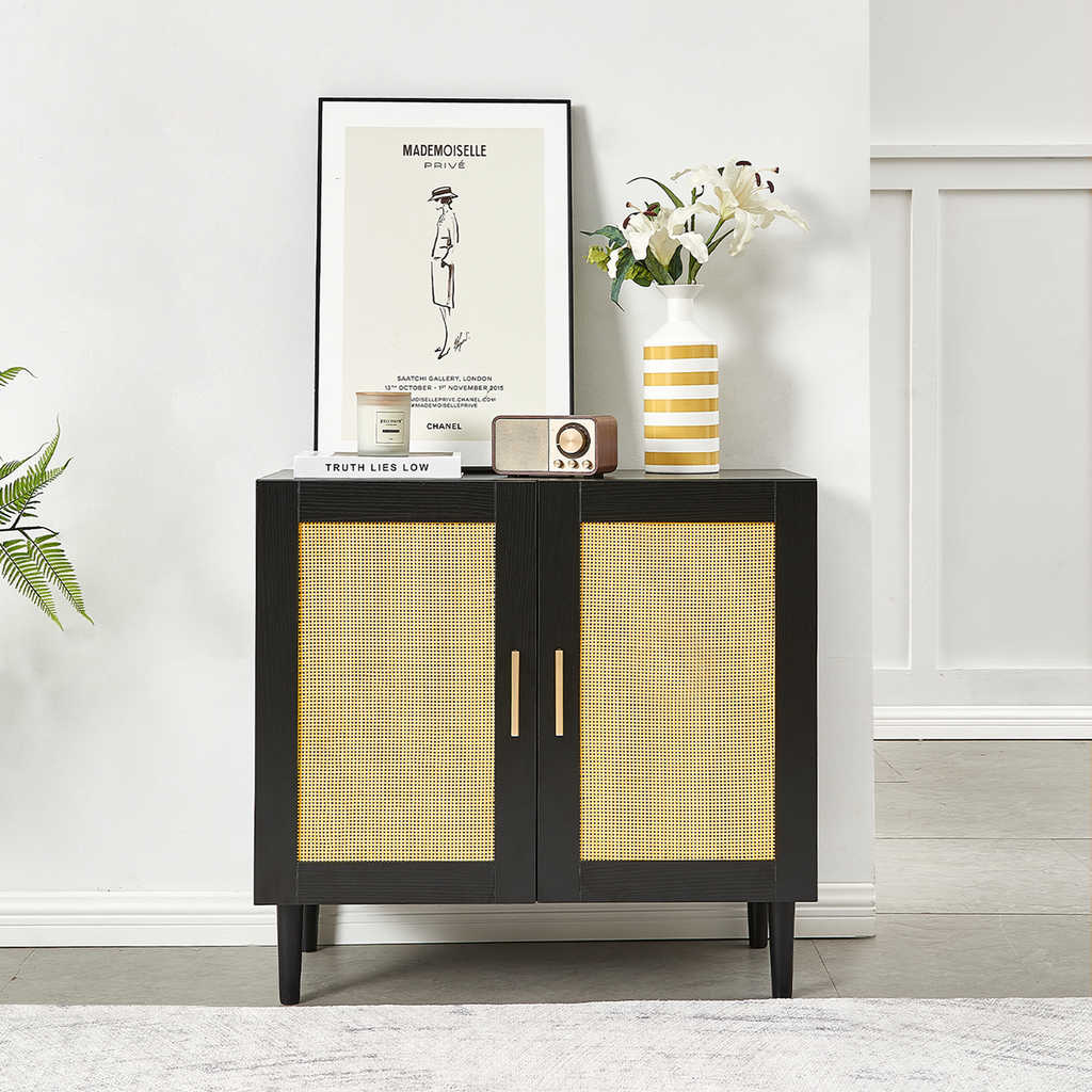 Side panel buffet cabinet with natural rattan door, rattan storage cabinet with adjustable shelves, side panel and buffet with storage space, modern console cabinet in bedroom and living room - Grand Goldman Shop