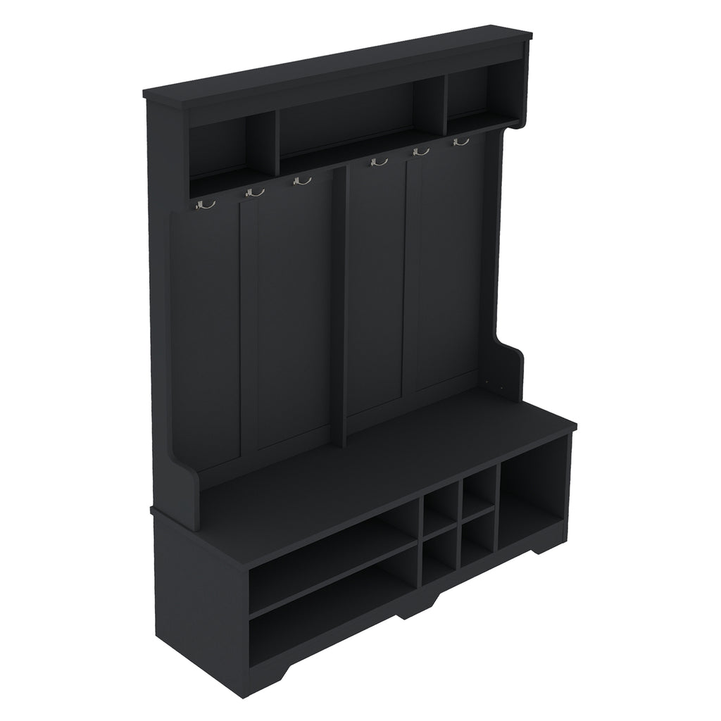 Modern Hallway Hall Tree with Metal Hooks and Storage Space, Multi-Functional Entryway Coat Rack with Shoe Cubbies, Black - Grand Goldman Shop