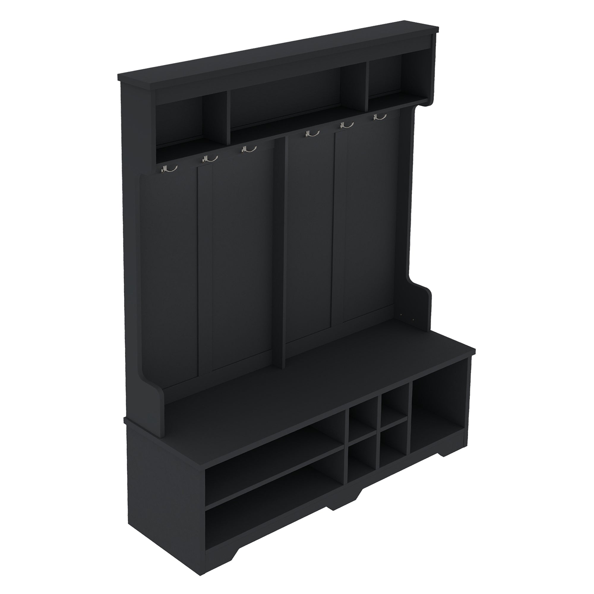Modern Hallway Hall Tree with Metal Hooks and Storage Space, Multi-Functional Entryway Coat Rack with Shoe Cubbies, Black - Grand Goldman Shop