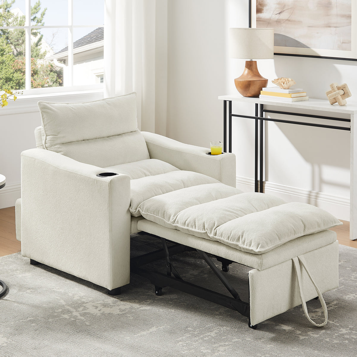 Sleeper Sofa Chair Bed, Convertible Sofa Chair 3-in-1, Adjustable Sleeper Chair Pullout Sofa Bed with Modern Velvet Fabric for Living Room Apartment Small Space, Beige - Grand Goldman Shop