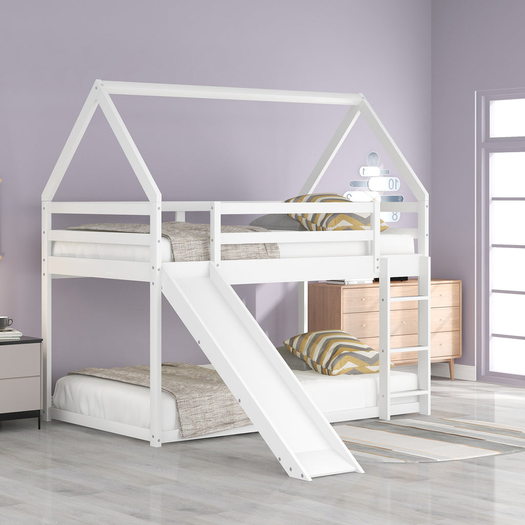 Twin Bunk House Bed with Slide and Ladder, White - Grand Goldman Shop