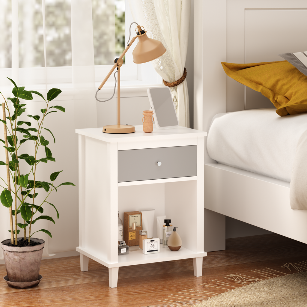 Gray+Silver Handle Wooden Nightstand 26.77''H with One Drawer One Shelf for Kids and Adults, White+Gray Finish MDF - Grand Goldman Shop