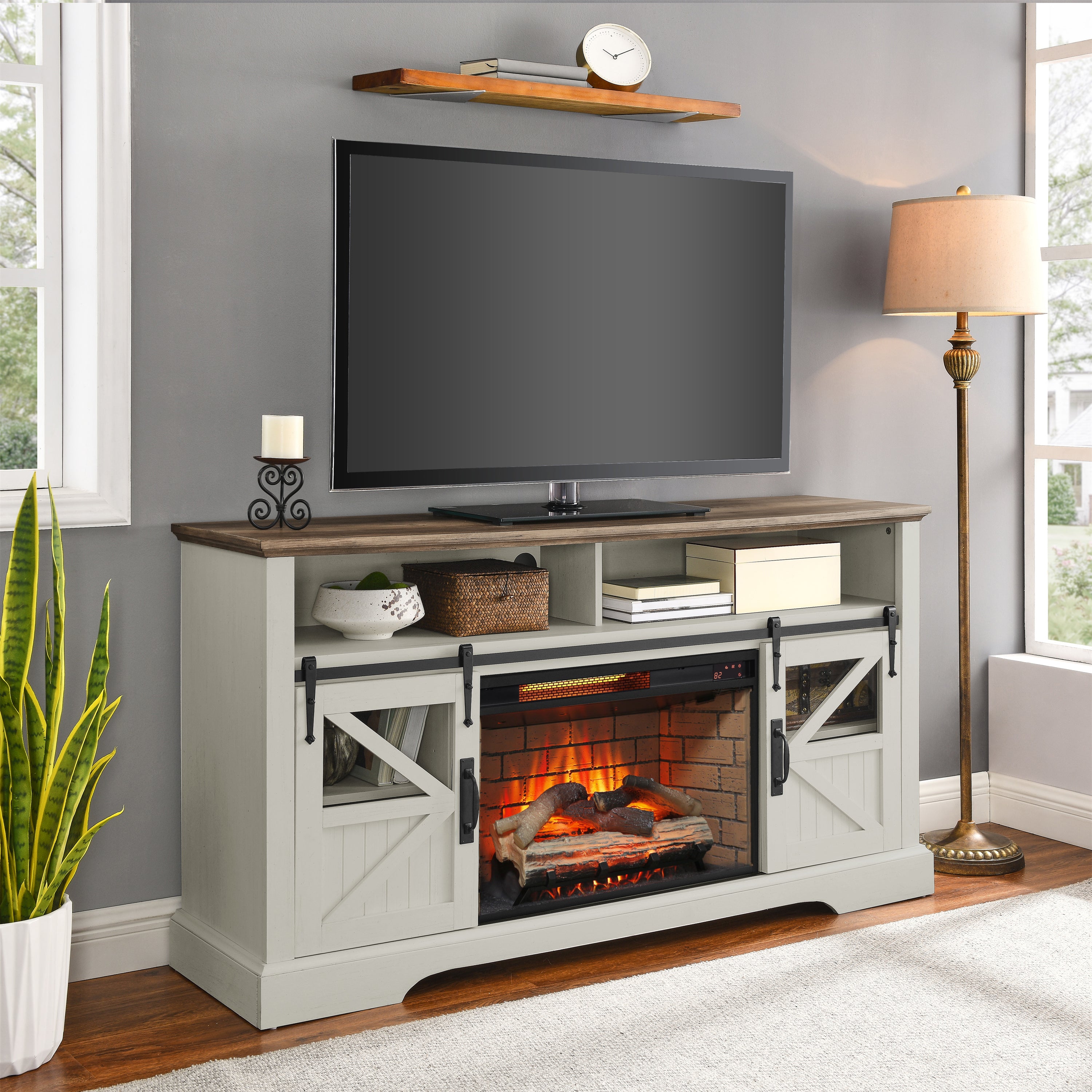 60 Inch Electric Fireplace  Entertainment Center With Door Sensor-Jasmine white color - Grand Goldman Shop