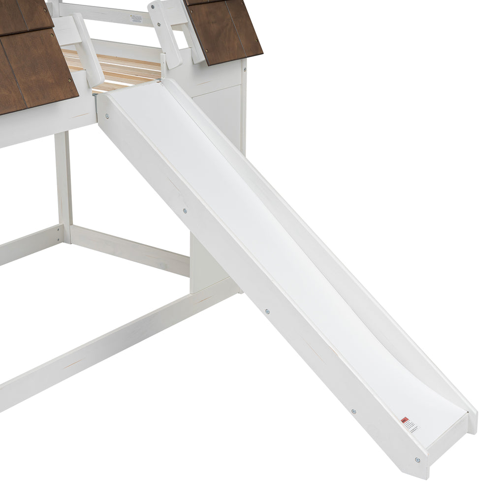 Hearth & Haven Bunk Twin Bed with House Roof, Ladder and Slide, White and Brown - Grand Goldman Shop