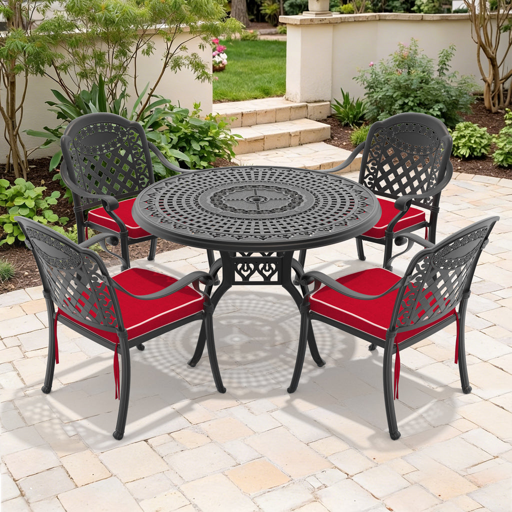 5-Piece Set Of Cast Aluminum Patio Furniture With Red Cushions
