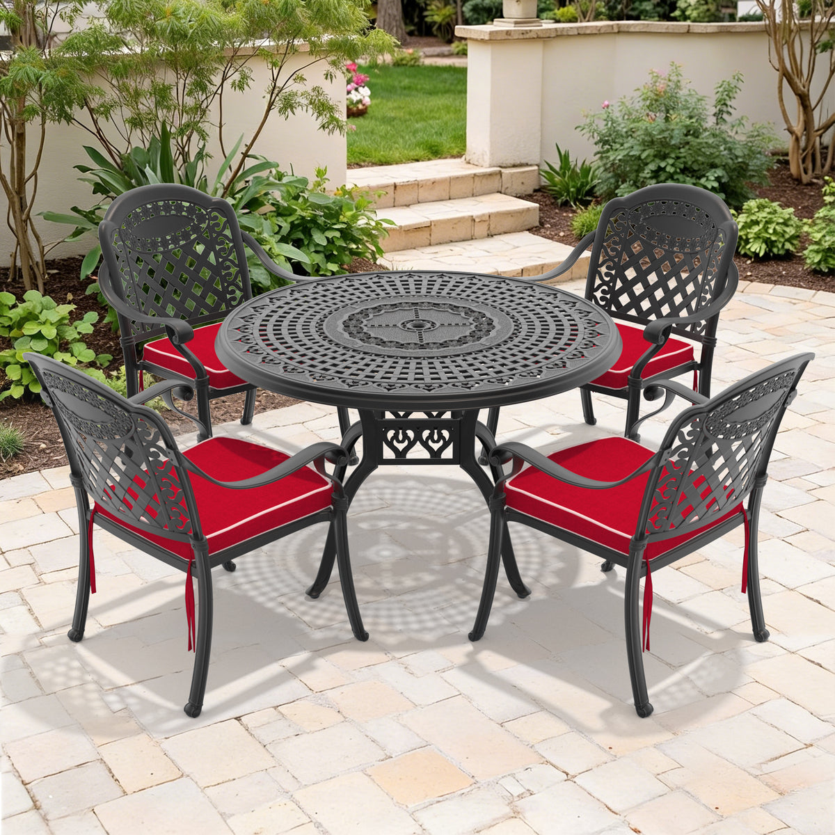 5-Piece Set Of Cast Aluminum Patio Furniture With Red Cushions