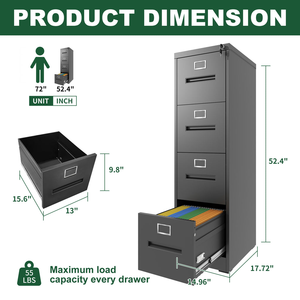 Premium 4 Drawer File Cabinet with Lock Metal Vertical File Cabinet for Office or Home in Black Steel, A4 Legal/Letter Size -