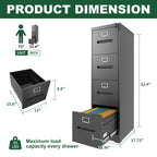 Premium 4 Drawer File Cabinet with Lock Metal Vertical File Cabinet for Office or Home in Black Steel, A4 Legal/Letter Size -