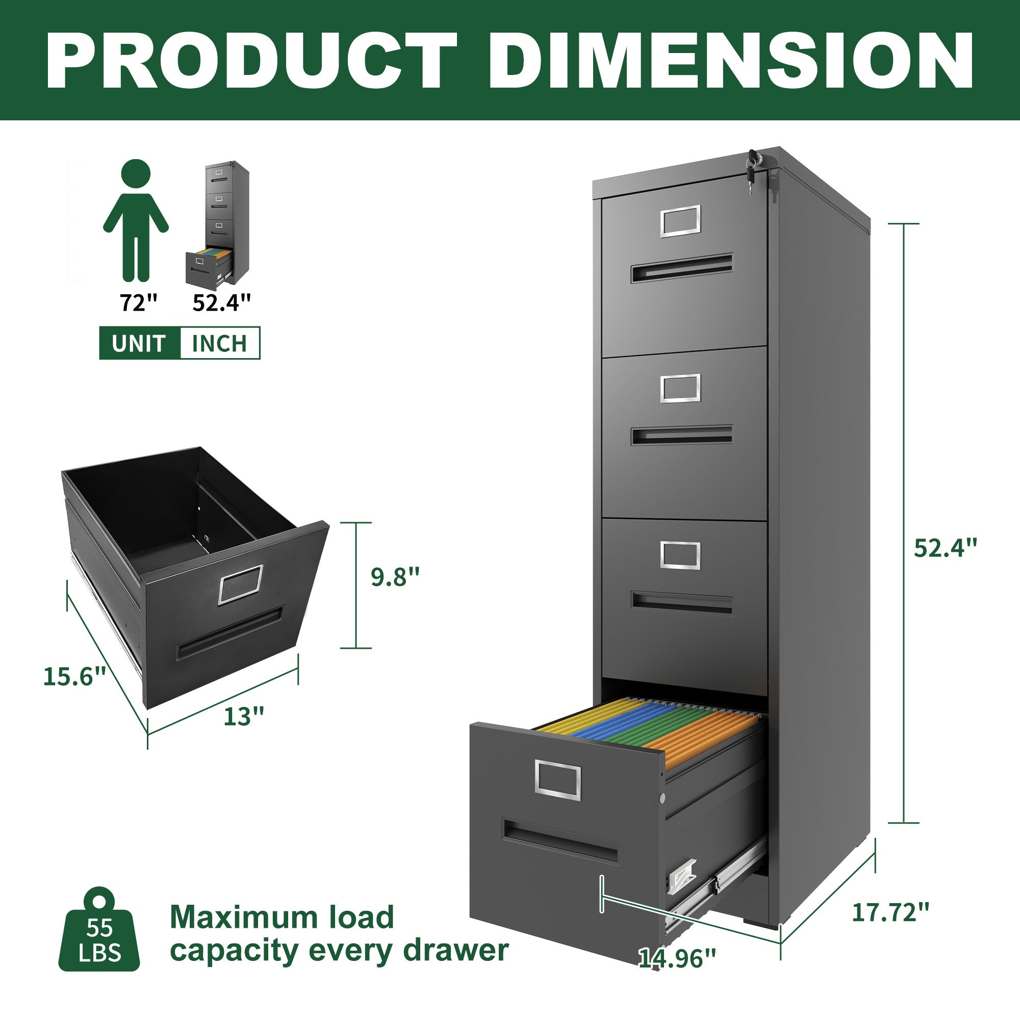 Premium 4 Drawer File Cabinet with Lock Metal Vertical File Cabinet for Office or Home in Black Steel, A4 Legal/Letter Size -