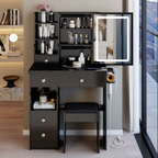 29.2' Small Size Left Drawer Desktop Vanity Table + Cushioned Stool, 2 AC+2 USB Power Station, Hair dryer bracket, Extra Large Touch Control Sliding LED Mirror, Tri-color Switching, Brightness Adjust - Grand Goldman Shop