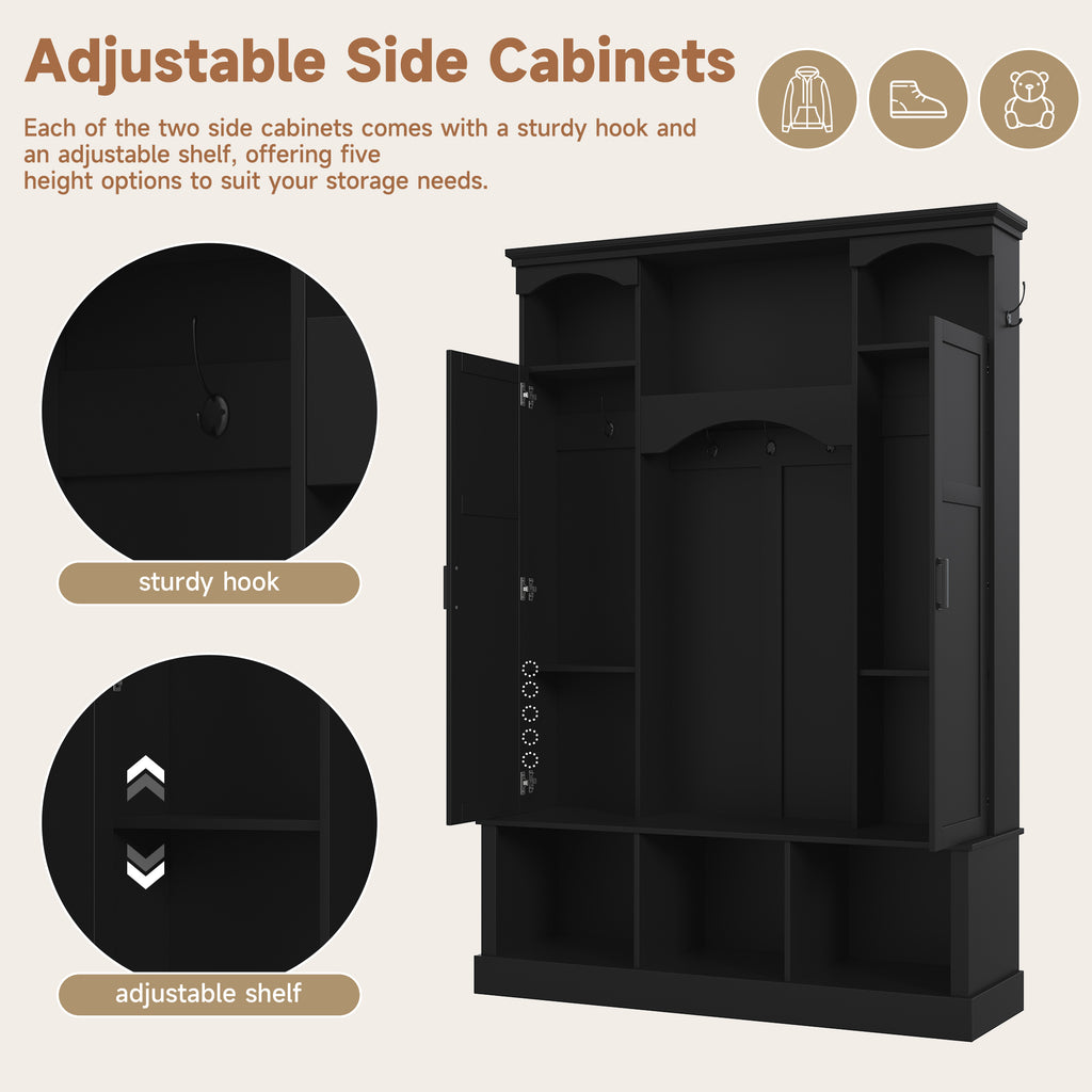 ON-TREND Modern All-in-One Hall Tree with Adjustable Shelves, Classic Arched Farmhouse Storage Bench with Dual Side Cabinets, Elegant Entryway Organizer with 7 Hooks for Mudroom, Hallway, Black - Grand Goldman Shop