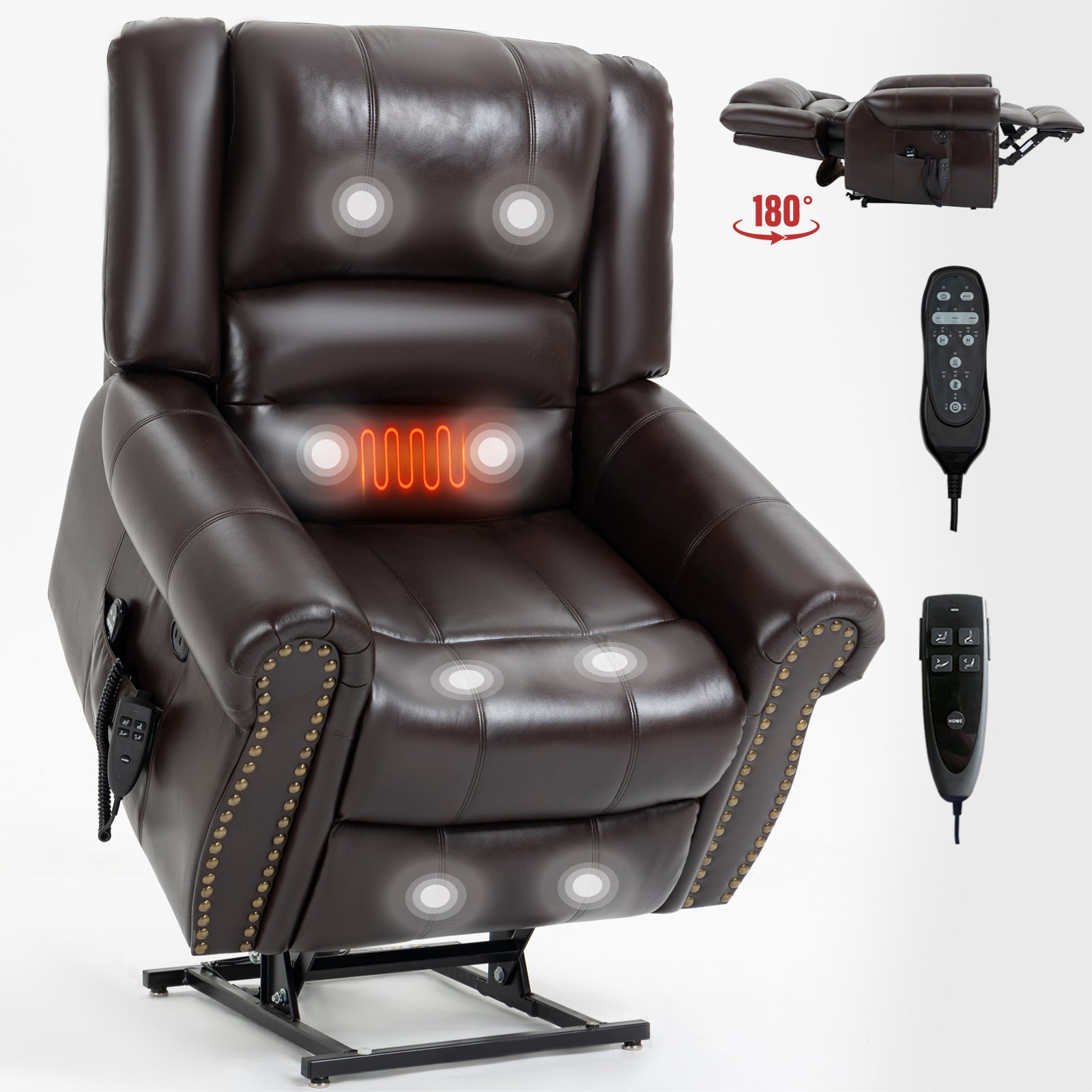 Power Lift Recliner Chair Heat Massage Dual Motor Infinite Position Up to 350 LBS, Faux Leather, Heavy Duty Motion Mechanism with USB Ports, Brown - Grand Goldman Shop