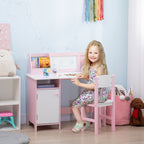 Qaba Toddler Desk and Chair Set, Kids Writing Desk Study Table for Children with Whiteboard, Storage Cabinet, Child Furniture