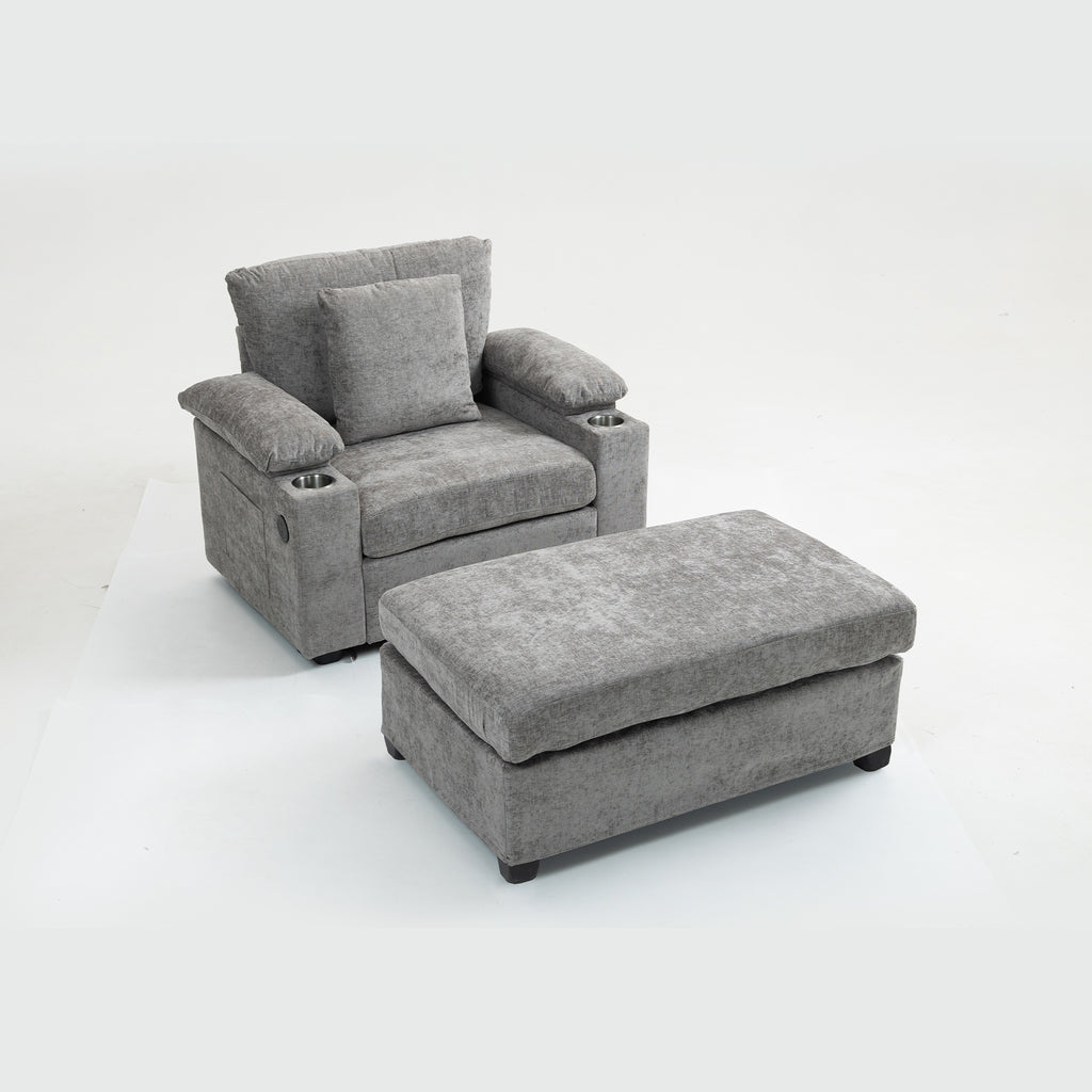 Modern Oversized Chair with Ottoman,Chenille Fabric Sofa Bed,Accent Chair Comfy Sofa with Cupholders and USB Charging Ports Chair for Living Room,Bedroom,Apartment - Grand Goldman Shop