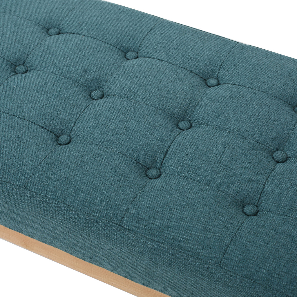Vibratory Button Tufted Upholstered Ottoman with Splayed Wooden Legs, Teal and Natural - Grand Goldman Shop