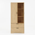 2 Door Wood Wardrobe for Bedroom with Hanging Clothing Rod inside the Cabinet and 2 Drawers for Storage Organization, Built-in induction light Multifunctional Closet with Mirror, Natural - Grand Goldman Shop