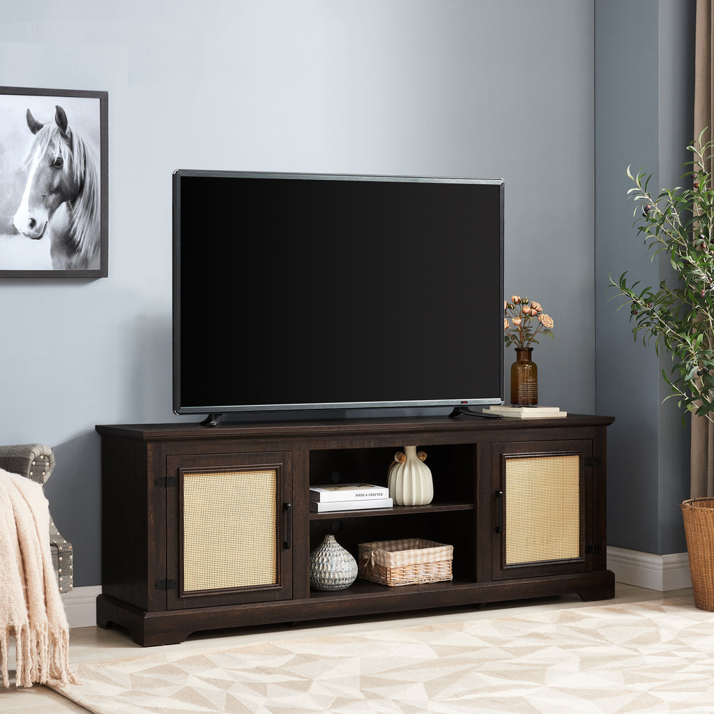 Farmhouse Rattan TV Stand Console Table for TVs up to 70 Inches, TV Console Table with 2 Storage Shelves, 2 Natural Rattan Door Cabinets, 65'W*15.55'D*23.86'H, Espresso - Grand Goldman Shop